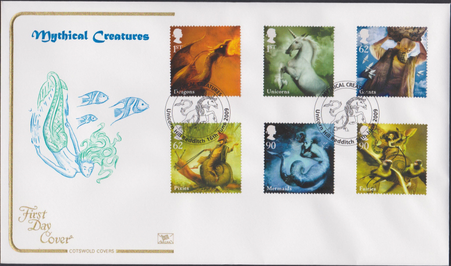 2009 - Mythical Creatures - Cotswold First Day Cover - Unicorn hill,Redditch Postmark - Click Image to Close