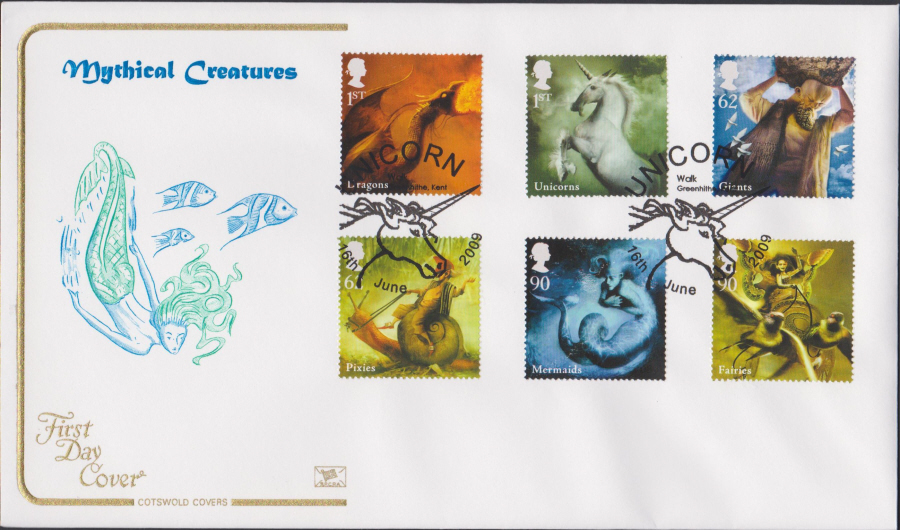 2009 - Mythical Creatures - Cotswold First Day Cover - Unicorn, Walk, Greenhithe, Kent Postmark