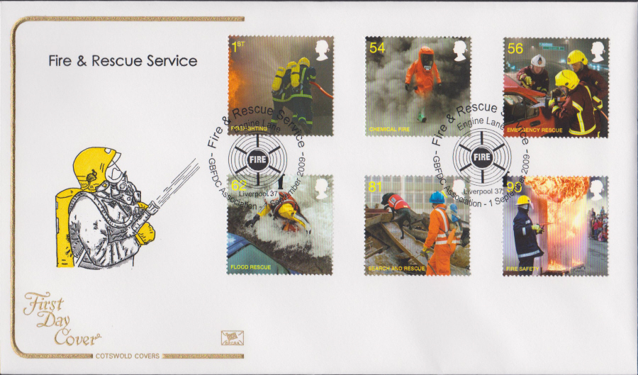 2009 - Fire & Rescue Service - Cotswold First Day Cover - GB FDC Assn. Liverpool 37 Postmark - Click Image to Close