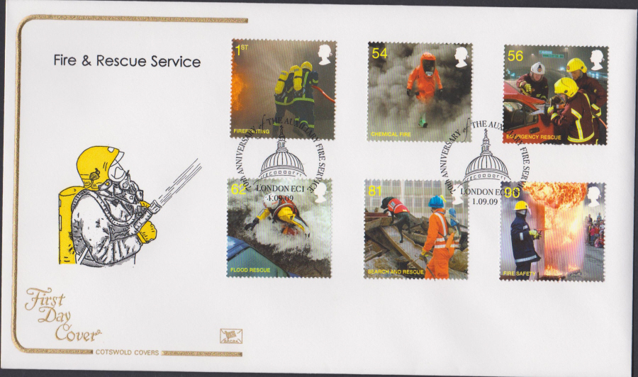 2009 - Fire & Rescue Service - Cotswold First Day Cover - 70th Anniv. London EC1 Postmark - Click Image to Close