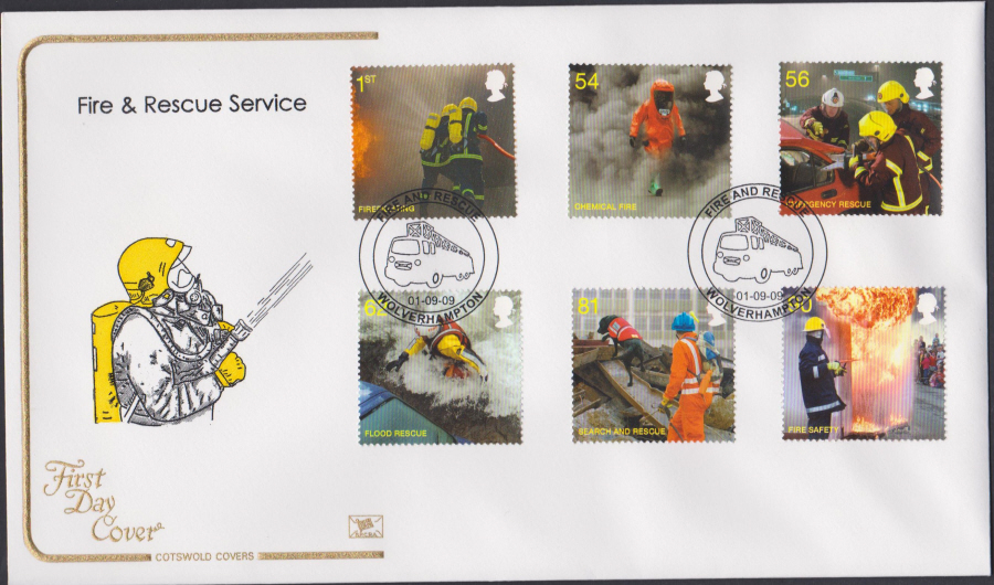 2009 - Fire & Rescue Service - Cotswold First Day Cover - Fire & Rescue, Wolverhampton Postmark - Click Image to Close