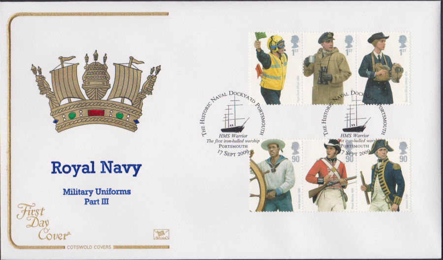 2009 - Royal Navy Uniforms - Cotswold First Day Cover - HMS Warrior Portsmouth Postmark