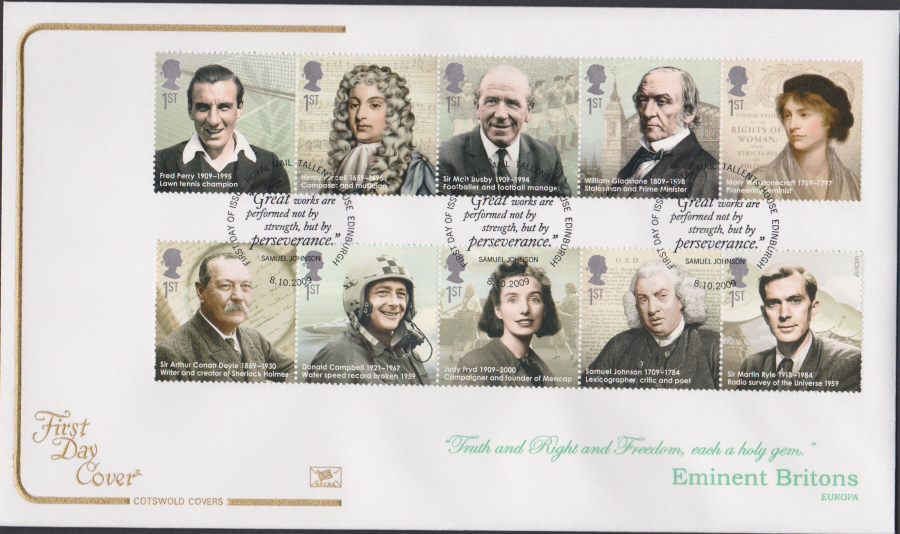 2009 -Eminent Britons - Cotswold First Day Cover - First Day of Issue Tallents House Edinburgh Postmark