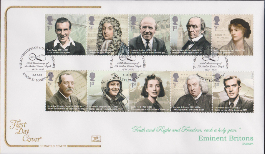 2009 -Eminent Britons - Cotswold First Day Cover - Baker St, London W1 Postmark - Click Image to Close