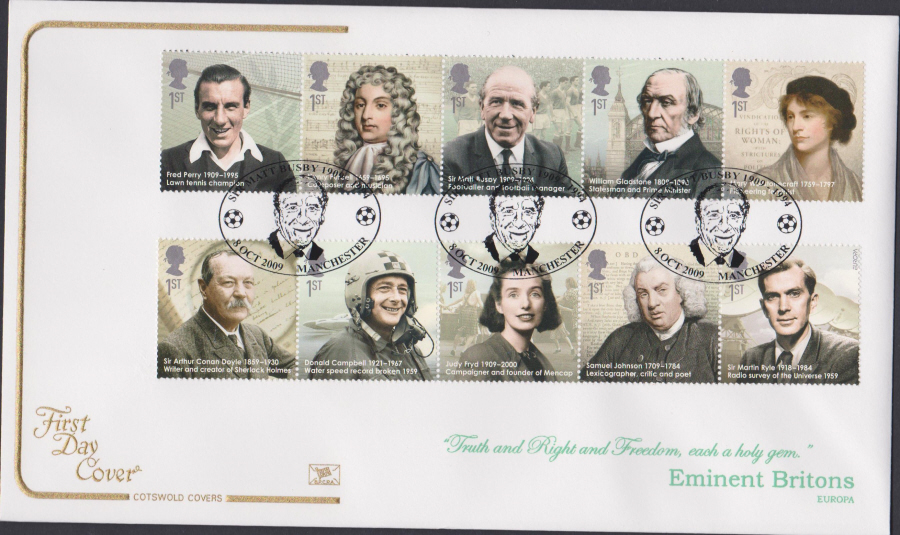 2009 -Eminent Britons - Cotswold First Day Cover - Sir Mat Busby Manchester Postmark - Click Image to Close