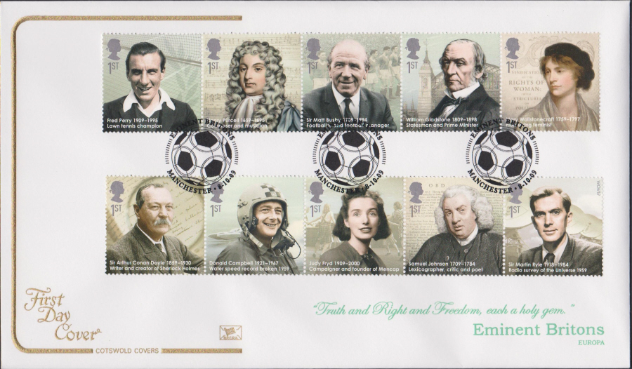 2009 -Eminent Britons - Cotswold First Day Cover - Football Manchester Postmark