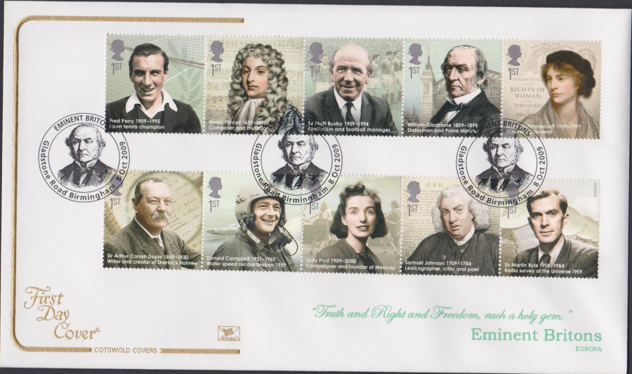 2009 -Eminent Britons - Cotswold First Day Cover -Gladstone Rd Birmingham Postmark