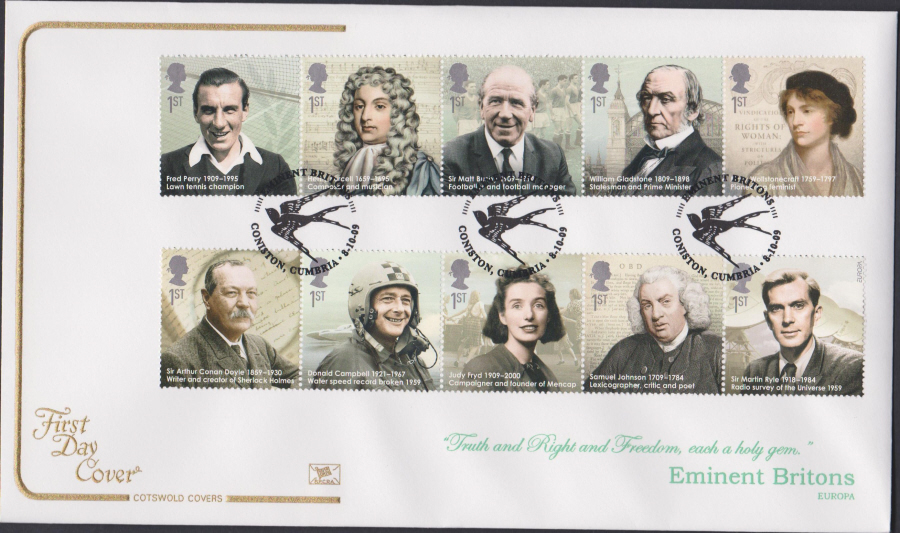 2009 -Eminent Britons - Cotswold First Day Cover - Coniston,Cumbria Postmark - Click Image to Close