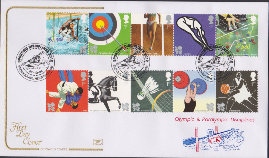 2009 -Olympic Games - Cotswold First Day Cover -Broxbourne, Hertfordshire Postmark