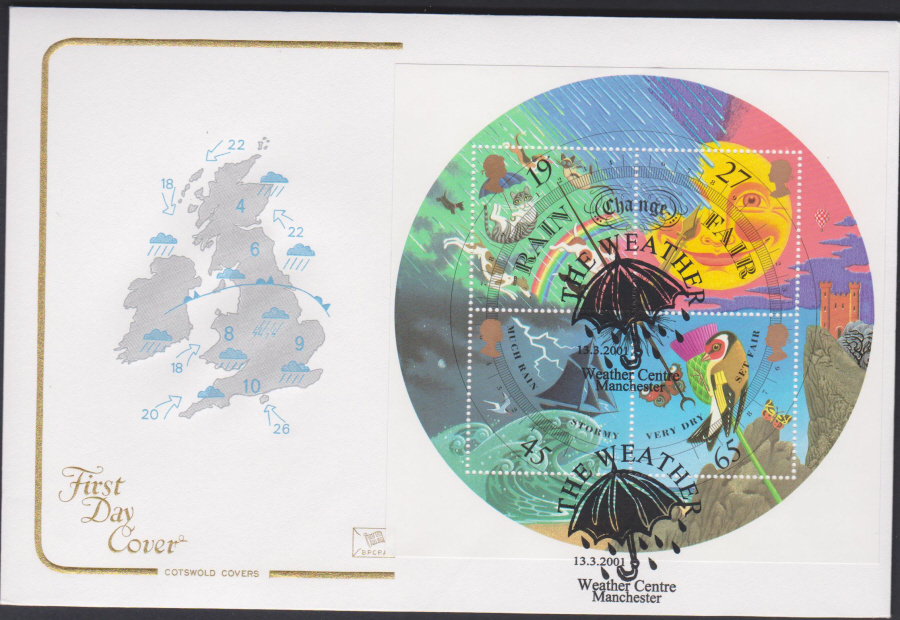 2001 -Weather Mini Sheet FDC COTSWOLD - Weather Centre,Manchester , Postmark