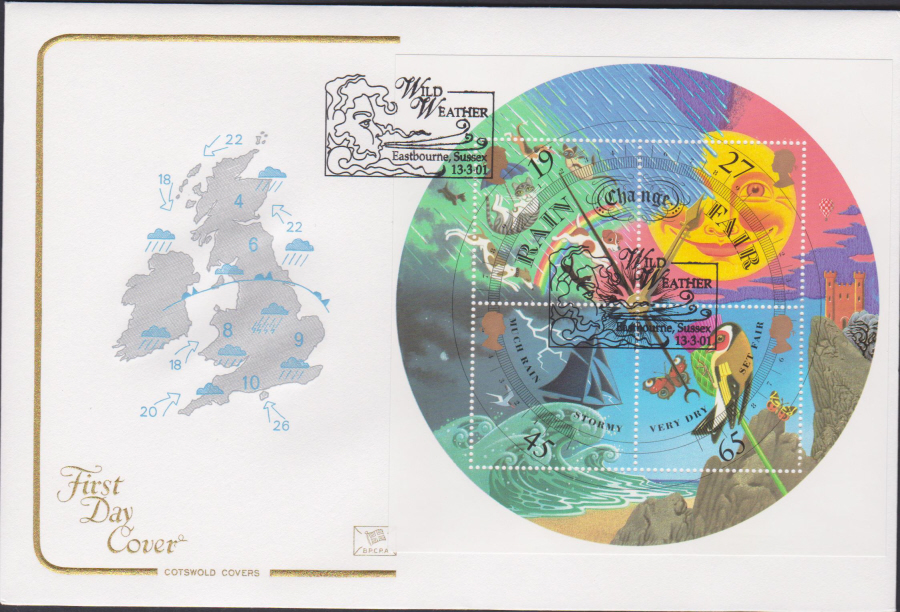 2001 -Weather Mini Sheet FDC COTSWOLD - Wild Weather,Eastbourne,Essex, Postmark - Click Image to Close