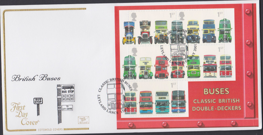 2001 -Buses Mini Sheet FDC COTSWOLD - Leyland,Lancs , Postmark