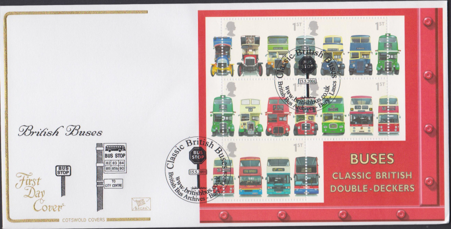 2001 -Buses Mini Sheet FDC COTSWOLD -British Bus Archives,Bury , Postmark