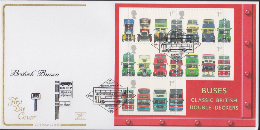 2001 -Buses Mini Sheet FDC COTSWOLD - Municipal Transport,Manchester , Postmark