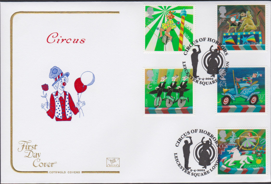 2002 - Circus COTSWOLD FDC Circus of Horrors,Leicester Square London Postmark - Click Image to Close
