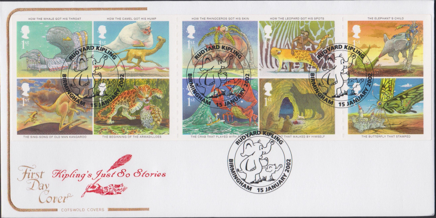 2002 - Kipling Just So Stories COTSWOLD FDC Rudyard Kipling,Birmingham Postmark