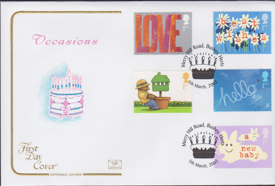 2002 - Occasions COTSWOLD FDC Merry Hill Road,Bushey,Herts Postmark