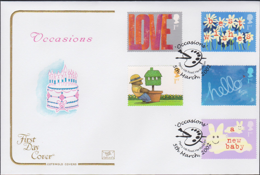 2002 - Occasions COTSWOLD FDC Merry Hill Road,Bushey,Hertfordshire Postmark