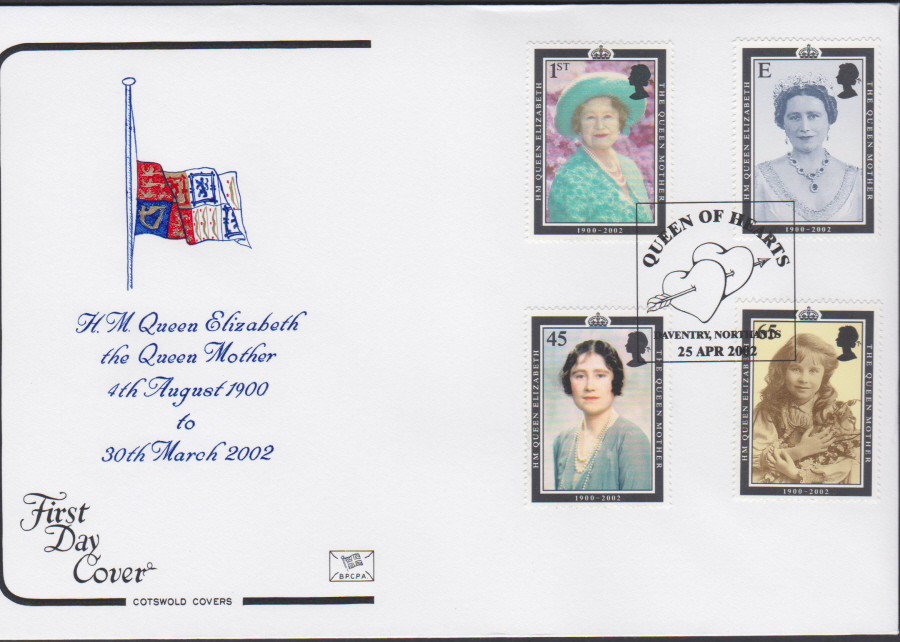 2002 -Queen Mother 1900-2002 COTSWOLD FDC -Queen of Hearts Daventry,Northants Postmark