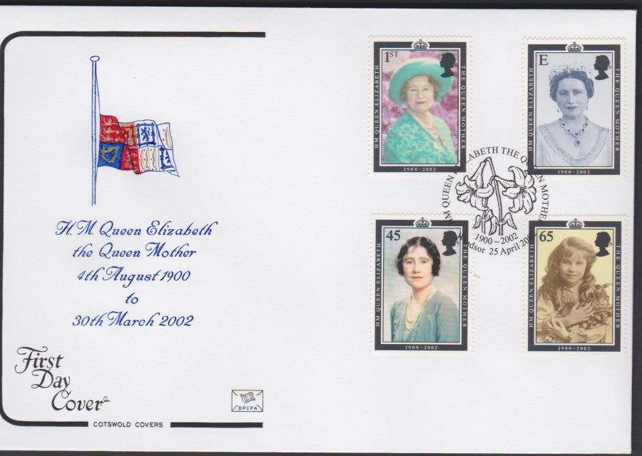 2002 -Queen Mother 1900-2002 COTSWOLD FDC Queen Elizabeth Queen Mother,Windsor Postmark