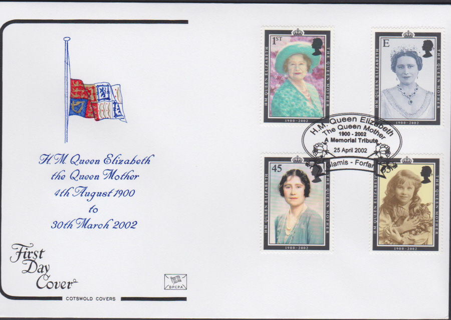2002 -Queen Mother 1900-2002 COTSWOLD FDC -A Mermorial Tribute,Glamis Forfar Postmark