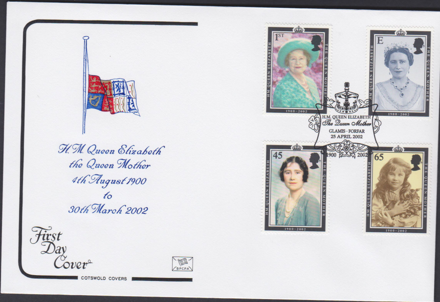 2002 -Queen Mother 1900-2002 COTSWOLD FDC -The Queen Mother ,Glamis Forfar Postmark