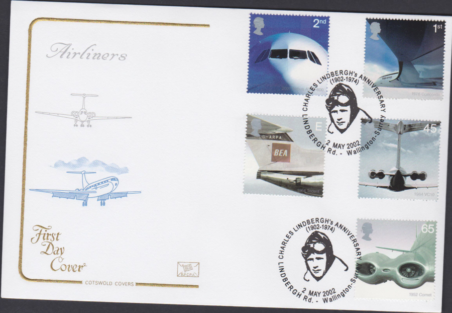 2002 -Airliners COTSWOLD FDC -Lindbergh Rd,Wallington,Surrey Postmark