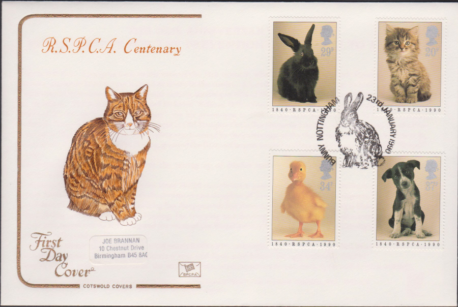 1990 - Cotswold FDC R.S.P.C.A. :- Bunny, Nottingham Postmark