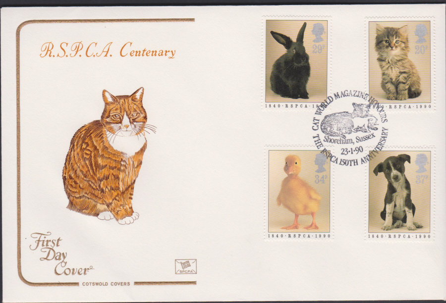 1990 - Cotswold FDC R.S.P.C.A. :- Cat World Magazine,Shoreham Postmark