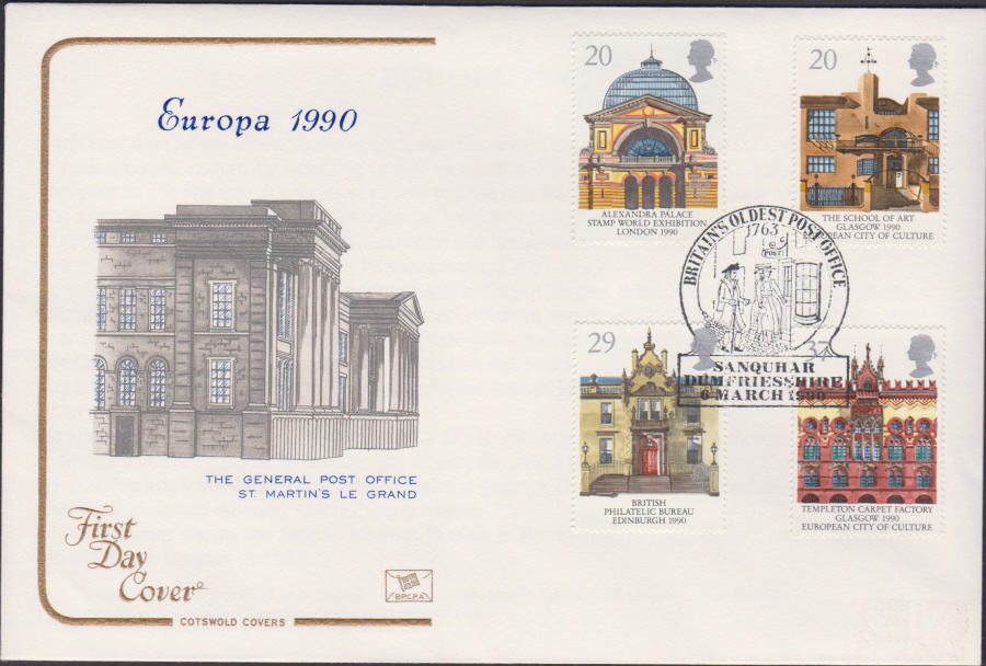 1990 - Cotswold FDC Europa . :- Oldest Post Office, Sanquhar Postmark - Click Image to Close