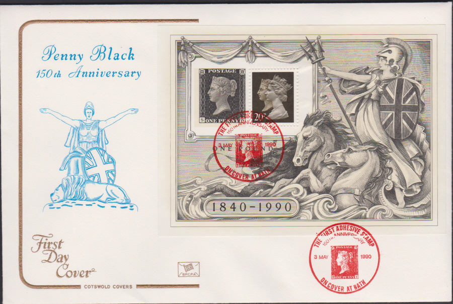 1990 - Cotswold FDC Penny Black Anniversary Mini Sheet . :- On Cover Bath Postmark