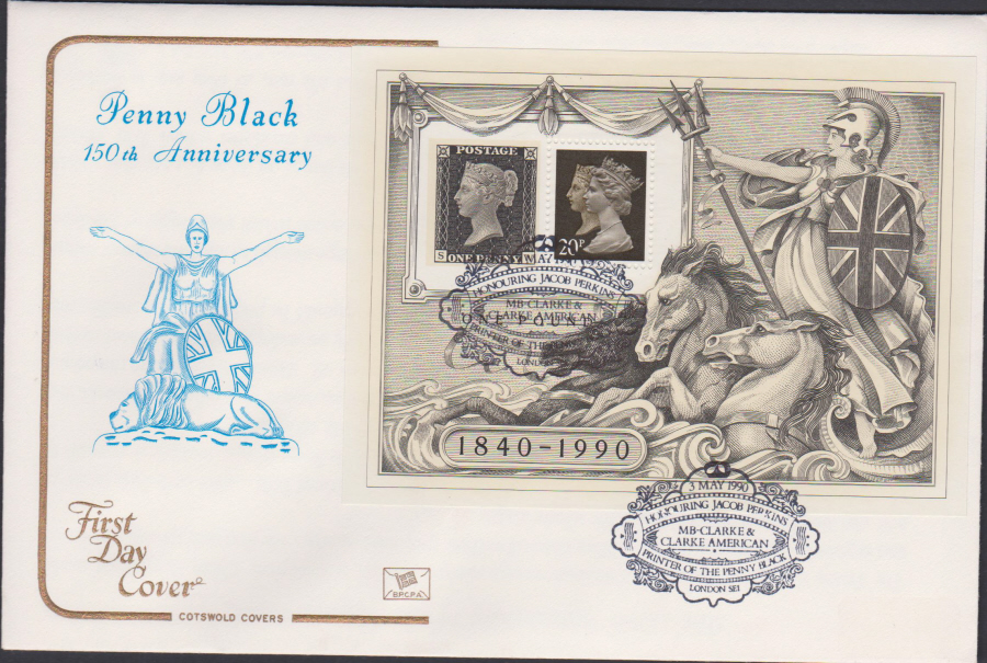 1990 - Cotswold FDC Penny Black Anniversary Mini Sheet . :- M B Clark London SE1 Postmark