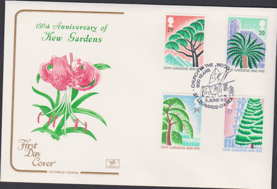 1990 - Cotswold FDC Kew Gardens Anniversary :- Church in the Wood St Leonards on Sea Postmark