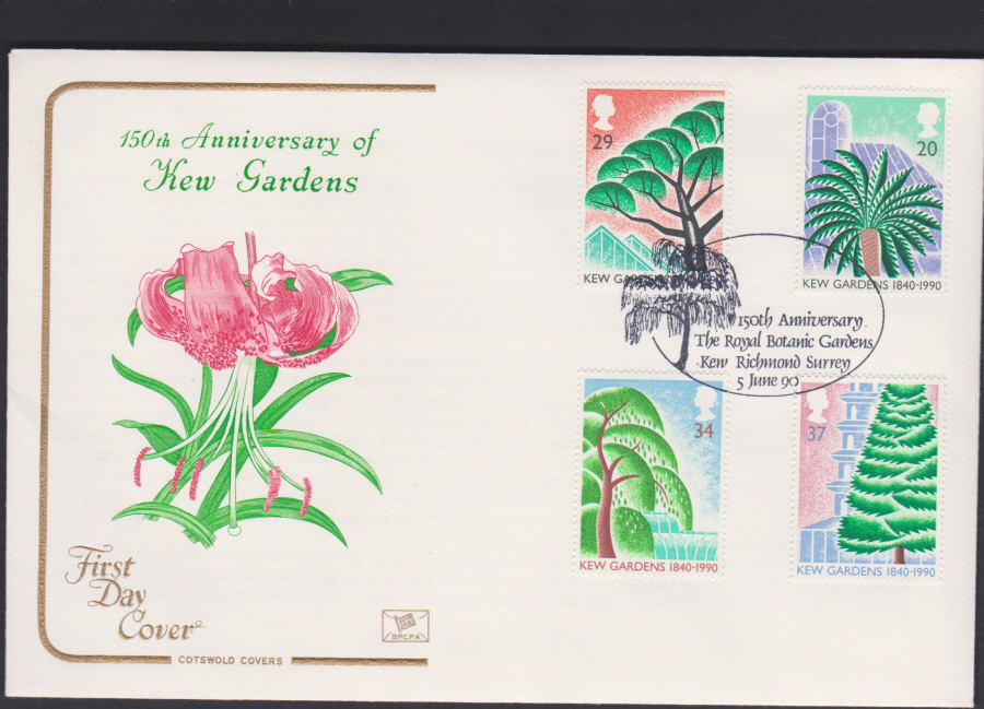 1990 - Cotswold FDC Kew Gardens Anniversary :- 150th Anniversary Royal Botanic Gardens Richmond Surey Postmark - Click Image to Close