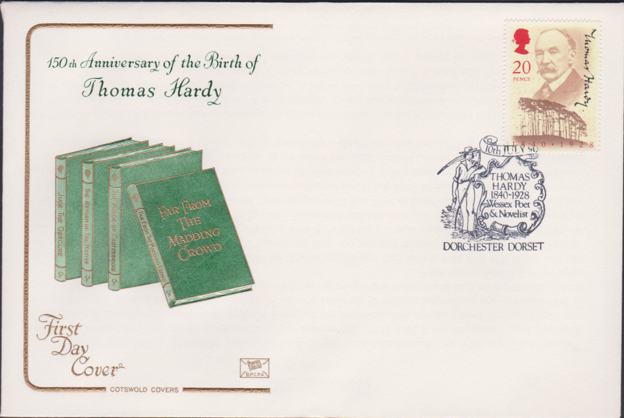 1990 - Cotswold FDC Anniversary Birth Thomas Hardy :- Dorchester,Dorset Postmark - Click Image to Close