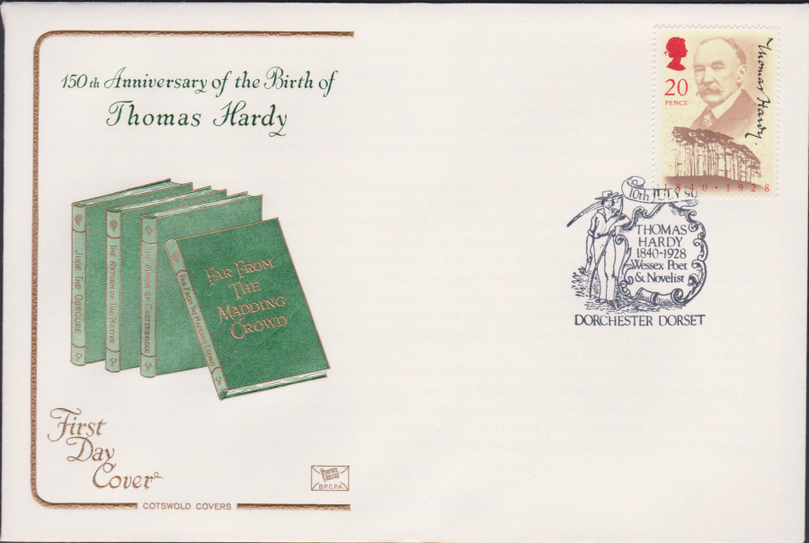 1990 - Cotswold FDC Anniversary Birth Thomas Hardy :- Dorchester,Dorset Postmark