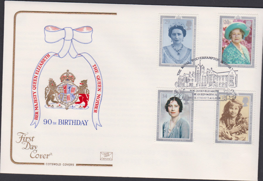 1990 - Cotswold FDC Queen Mother's Birthday :- Royal Wolverhampton School Postmark