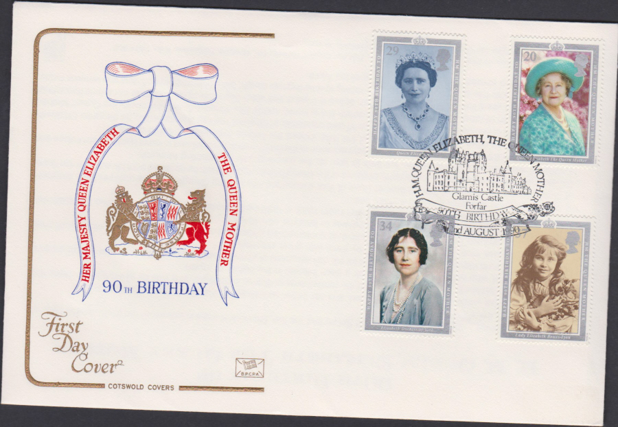 1990 - Cotswold FDC Queen Mother's Birthday :-Glamis Castle,Forfar Postmark - Click Image to Close