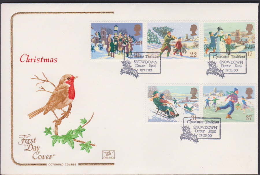 1990 - Cotswold FDC Christmas :- Snowdown,Dover,Kent Postmark - Click Image to Close