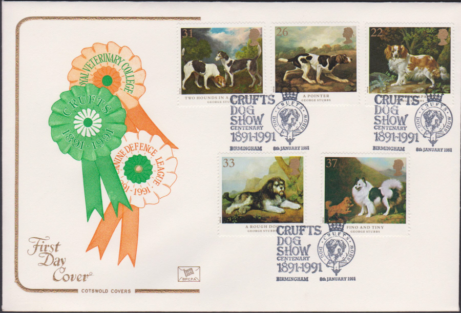 1991 - Cotswold FDC Dogs ( George Stubbs Paintings ) :- Crufts Dog Show 1891-1991 Birmingham Postmark - Click Image to Close