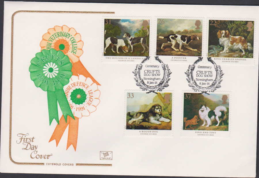 1991 - Cotswold FDC Dogs ( George Stubbs Paintings ) :-Centenary Crufts Dog Show Birmingham Postmark