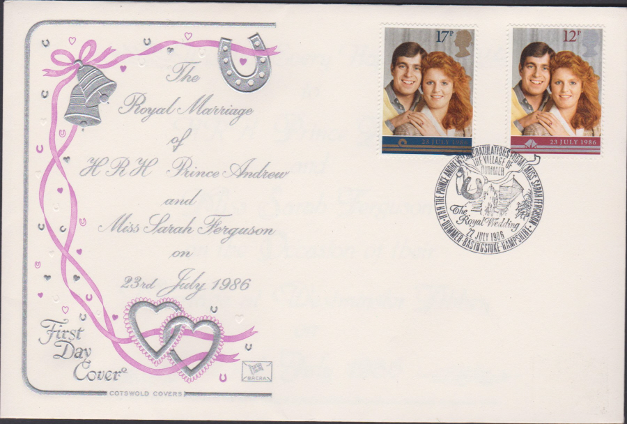 1986 - Prince Andrew & Sarah Ferguson Wedding First Day Cover COTSWOLD :- Dummer,Basingstoke Postmark - Click Image to Close