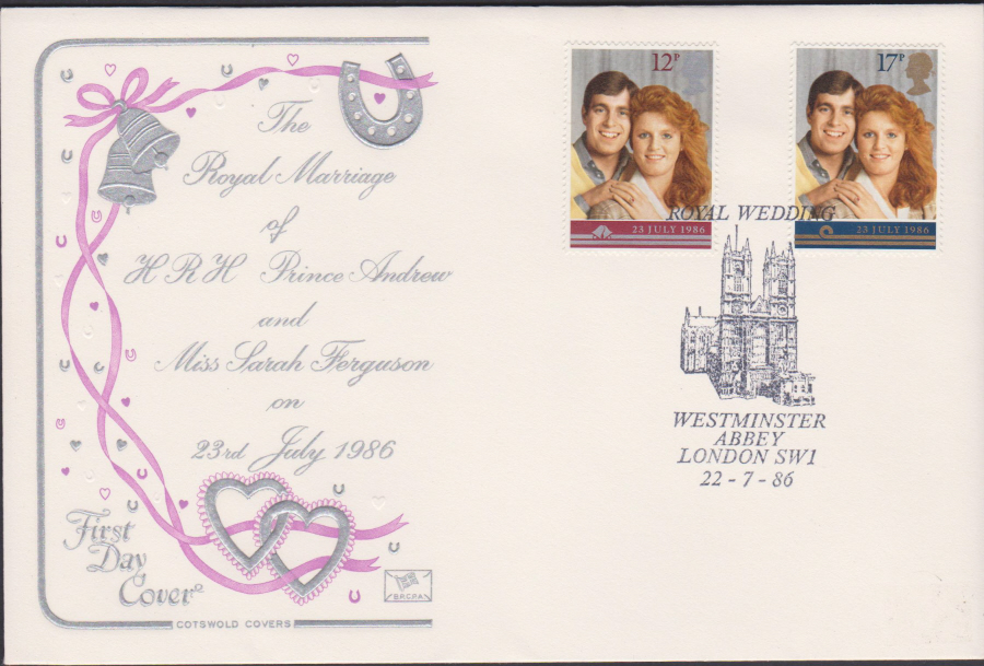 1986 - Prince Andrew & Sarah Ferguson Wedding First Day Cover COTSWOLD :- Westminster Abbey,London SW1 Postmark - Click Image to Close