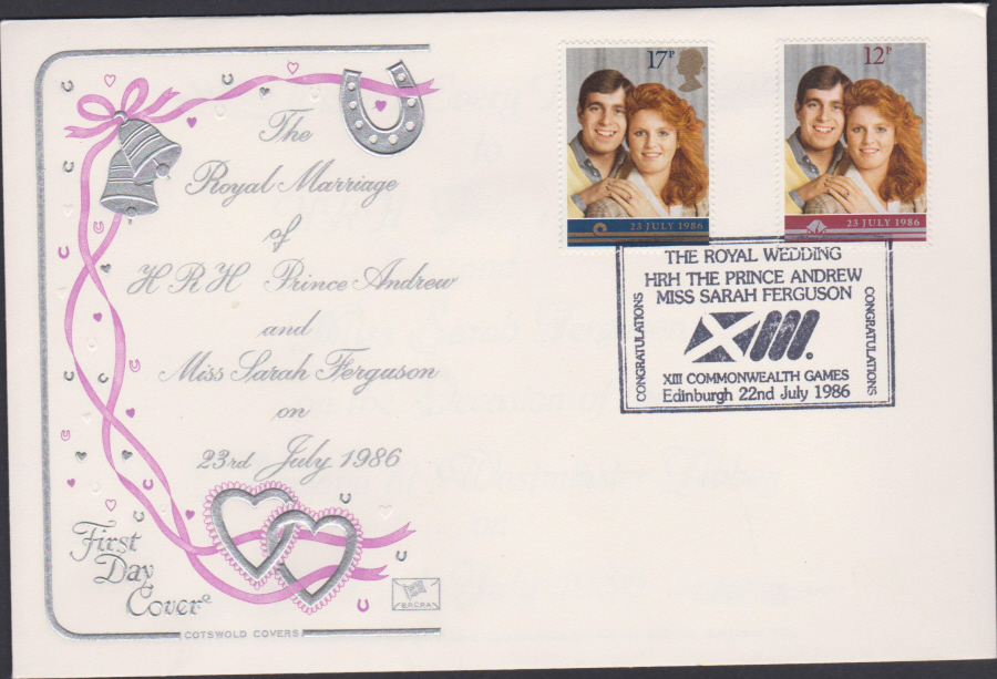 1986 - Prince Andrew & Sarah Ferguson Wedding First Day Cover COTSWOLD :- Commonweath Games Edinburgh Postmark - Click Image to Close