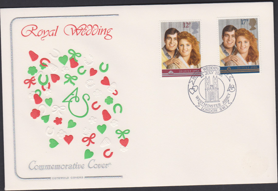 1986 - Prince Andrew & Sarah Ferguson Wedding Commemorative Day Cover COTSWOLD :- Westminster Abbey Postmark