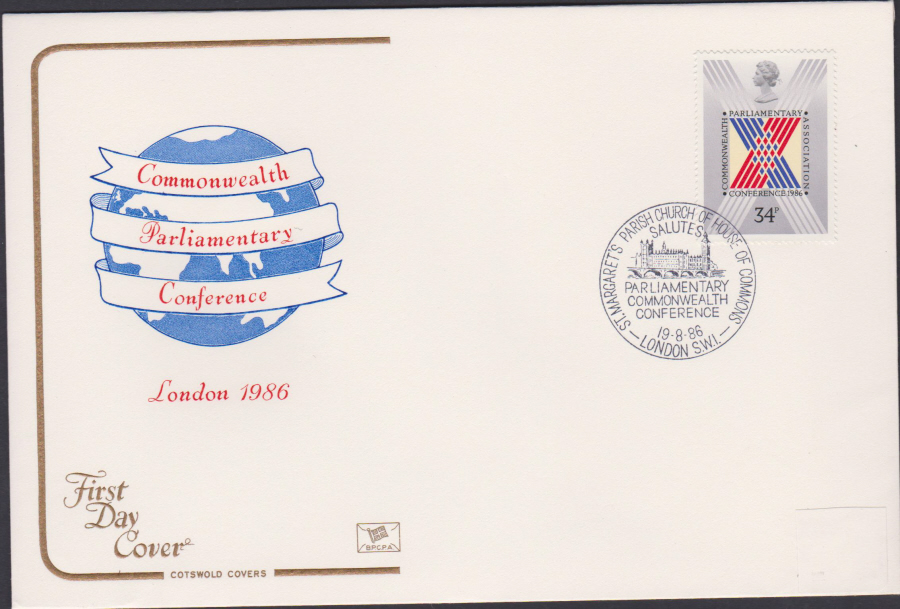 1986 - Commonwealth Parl. Conference First Day Cover COTSWOLD :- St Margarets Church London SW1 Postmark