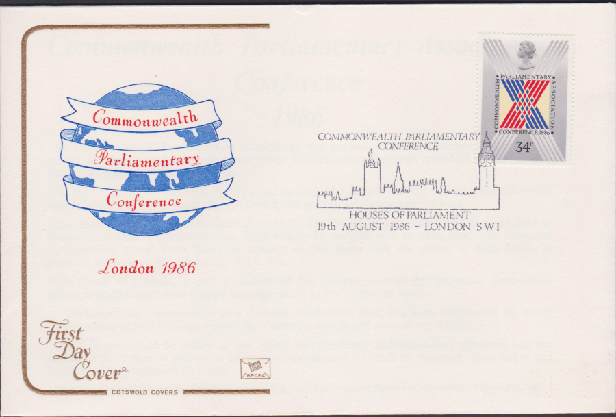 1986 - Commonwealth Parl. Conference First Day Cover COTSWOLD :-Houses of Parliament London SW1 Postmark