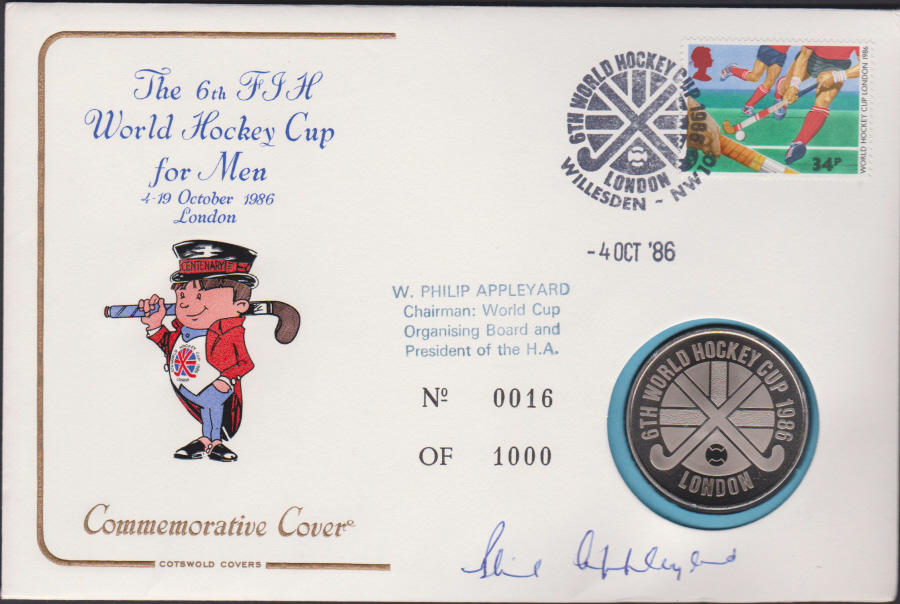 1986 - World Hockey Cup Commemoritve Cover COTSWOLD :- Signed World Hockey Cup London Postmark - Click Image to Close