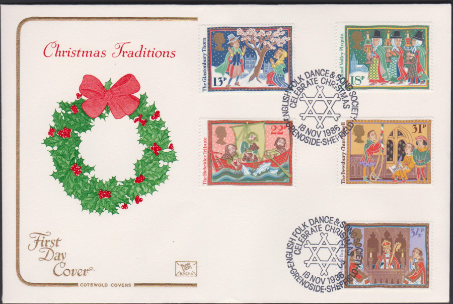 1986 - Christmas First Day Cover COTSWOLD :-English Folk Dancing, Grenosdide Postmark - Click Image to Close