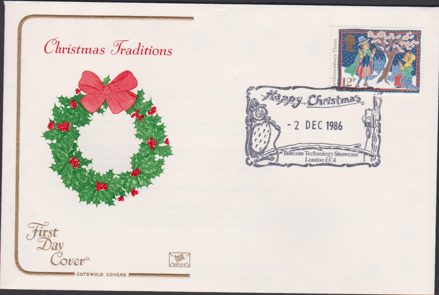 1986 - Christmas 12p First Day Cover COTSWOLD :-Telecom Technology Showcase,London EC4 Postmark